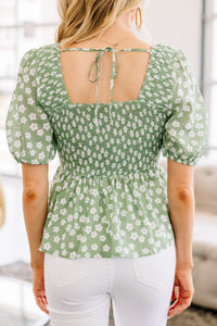 smocked floral sage top