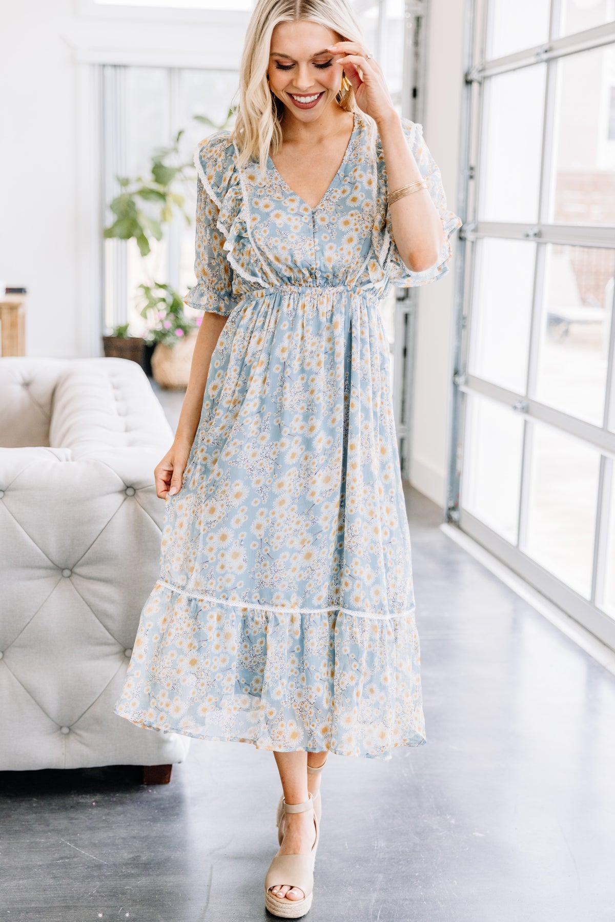 Precious Chambray Blue Floral Midi Dress- Cute Women's Midis – Shop the ...