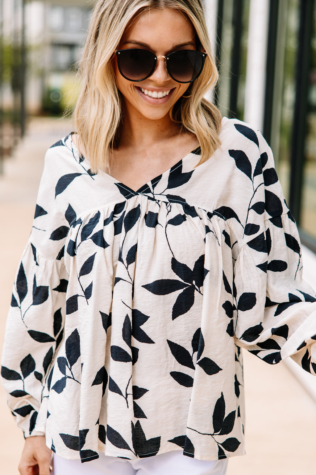 Bold Print Cream White Leaf Print Babydoll Blouse - Trendy Blouses ...