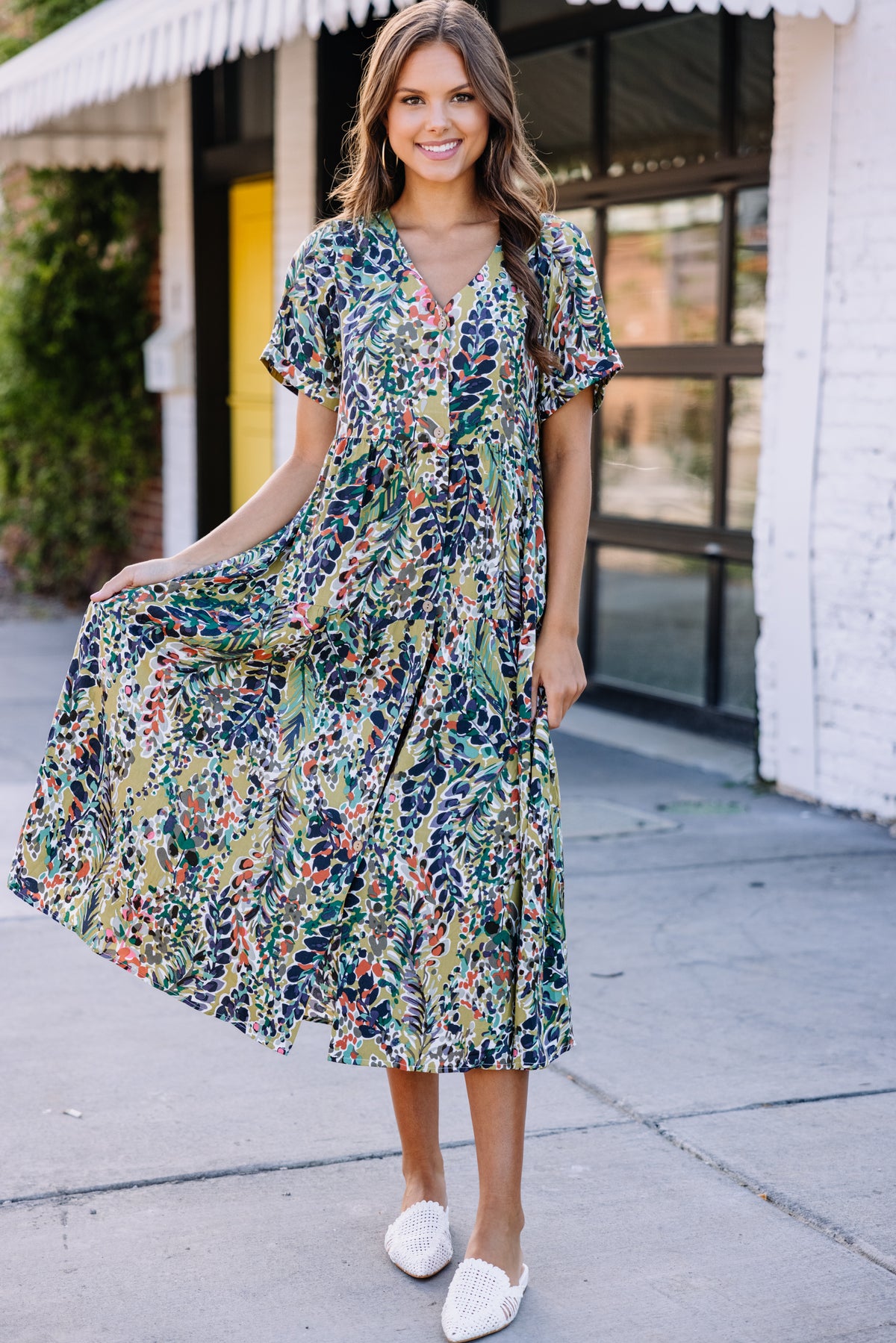 Feminine Moss Green Floral Midi Dress - Classy Midi Dresses – Shop the Mint