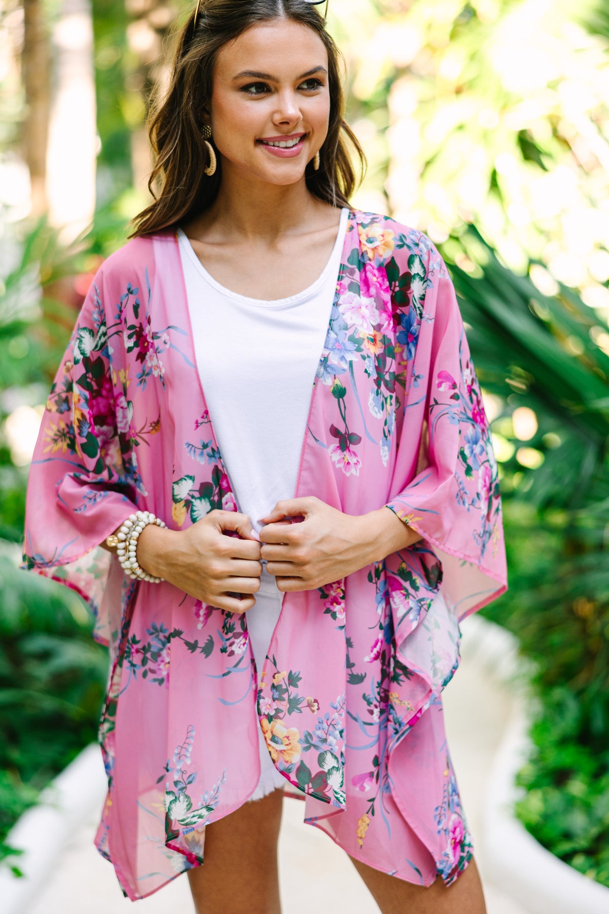 Kimono Cardigan Senza Maniche Humble Hilo Donna - Leggero E Fluido, Stampa Bouquet Rosa Taglia L/XL
