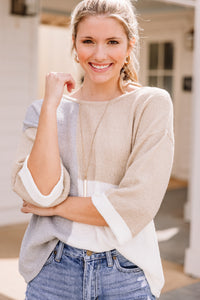 But Of Course Taupe Brown Colorblock Sweater