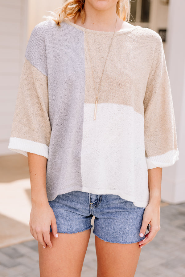 But Of Course Taupe Brown Colorblock Sweater