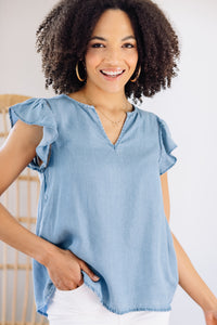 Here You Go Blue Chambray Top