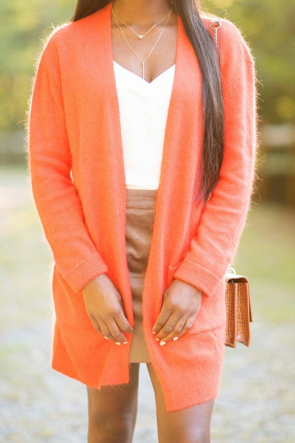 fall, cardigan, fall cardigan, long sleeves, classic fit, adorable, pockets, long sleeve with pockets, cardigan with pockets, cuffed long sleeves, generous stretch, orange, orange cardigan, orange long sleeve cardigan