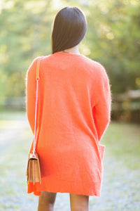 fall, cardigan, fall cardigan, long sleeves, classic fit, adorable, pockets, long sleeve with pockets, cardigan with pockets, cuffed long sleeves, generous stretch, orange, orange cardigan, orange long sleeve cardigan