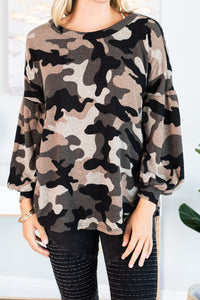 top, fall top, fall tops, camo, camo top, edgy, casual fit, cute, bubble sleeves, round neckline, long bubble sleeves