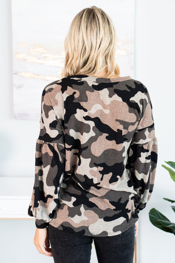 top, fall top, fall tops, camo, camo top, edgy, casual fit, cute, bubble sleeves, round neckline, long bubble sleeves