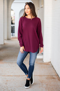 fall, tunic, winter, winter tunic, cozy, dolman sleeve, round neckline, waffle knit fabric, curved hem, red, red tunic