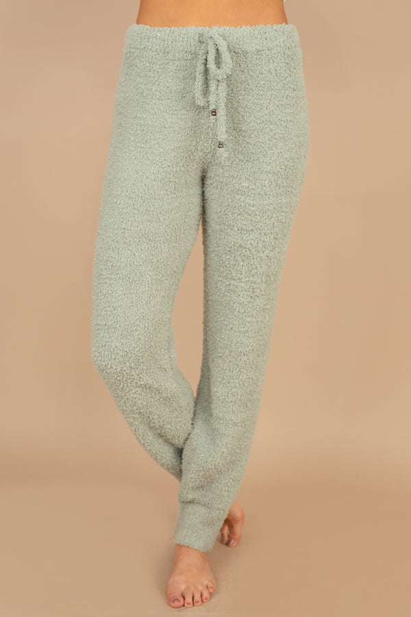 pajama pants, soft, fuzzy fabric, elastic tied waist, solid coloring, sage, comfy, set 