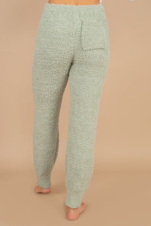 pajama pants, soft, fuzzy fabric, elastic tied waist, solid coloring, sage, comfy, set 