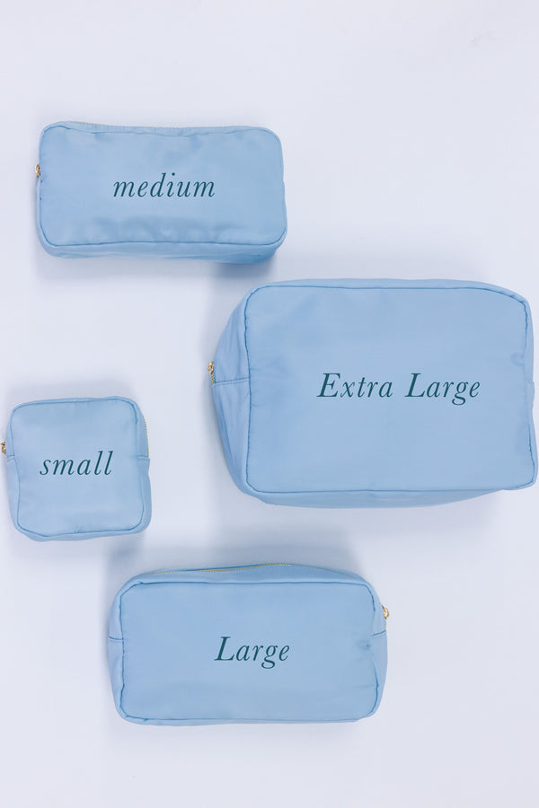 Let's Get Going Light Blue Varsity Cosmetic Bag, Medium
